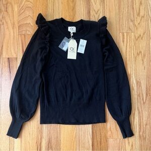 NWT QI Cashmere 100% cashmere ruffle sleeve black minimalist sweater XS
